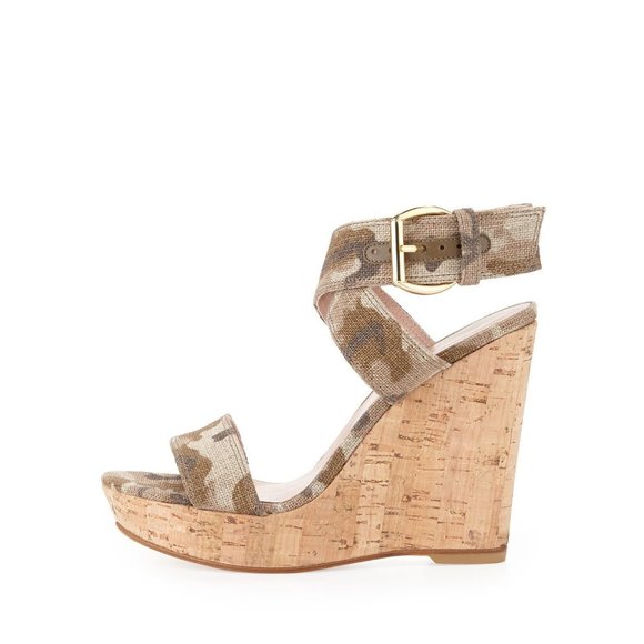 Stuart Weitzman Xray Linen Cork Wedge, Tan Camo - Picture 1 of 10
